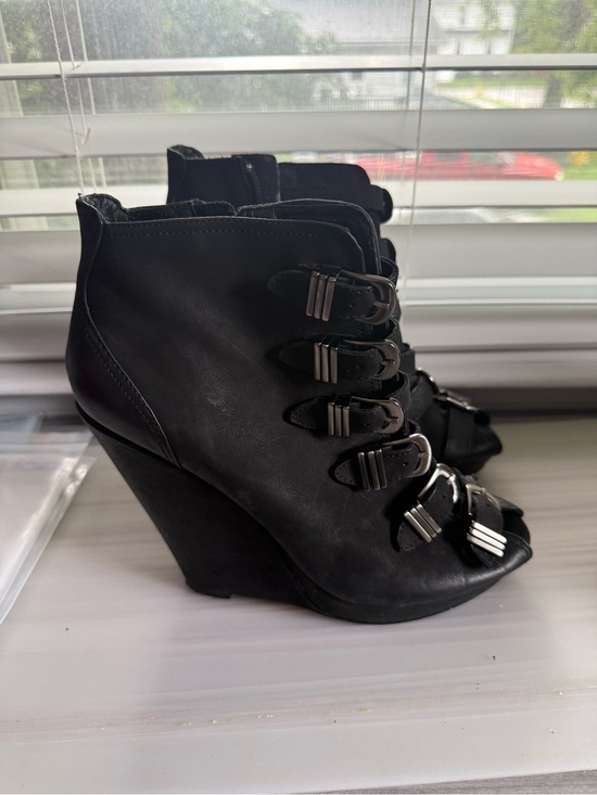 Trouve Shoes - Trouve Black Peep-Toe Wedge Booties with Buckle Straps